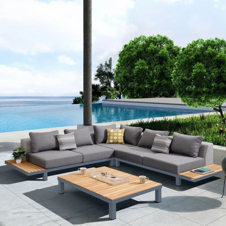 Outdoor Lounge Furniture * | Armen Living Polo 4-Piece Outdoor Sectional Set, Dark Gray Cushions And Modern Accent Pillows