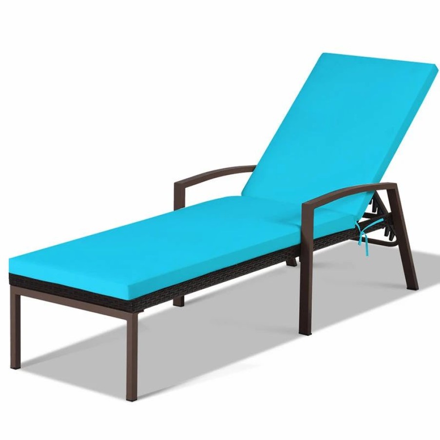 Outdoor Chairs * | Costway Patio Rattan Lounge Chair Chaise Recliner Adjustable Cushion Turquoise