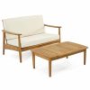 Outdoor Lounge Furniture * | Gdfstudio Wells Outdoor Acacia Wood Loveseat Set With Coffee Table, Teak Finish, Beige