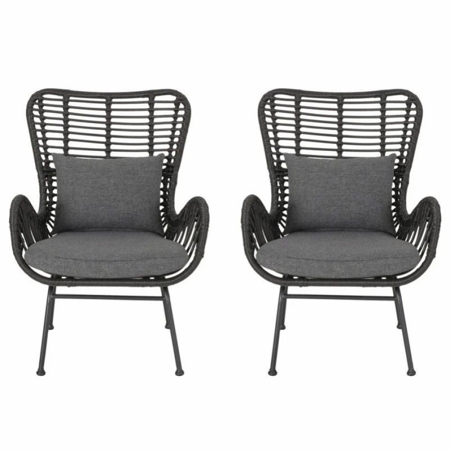 Outdoor Lounge Furniture * | Gdfstudio Crystal Outdoor Wicker Club Chairs With Cushions, Set Of 2, Gray/Black/Dark Gray