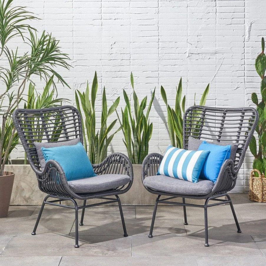 Outdoor Lounge Furniture * | Gdfstudio Crystal Outdoor Wicker Club Chairs With Cushions, Set Of 2, Gray/Black/Dark Gray