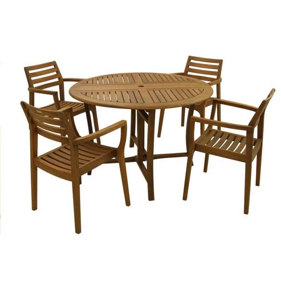 Outdoor Dining Furniture * | Outdoor Interiors 5-Piece 48 Round Eucalyptus Folding Dining Set