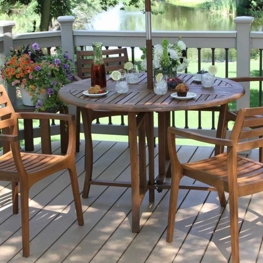 Outdoor Dining Furniture * | Outdoor Interiors 5-Piece 48 Round Eucalyptus Folding Dining Set