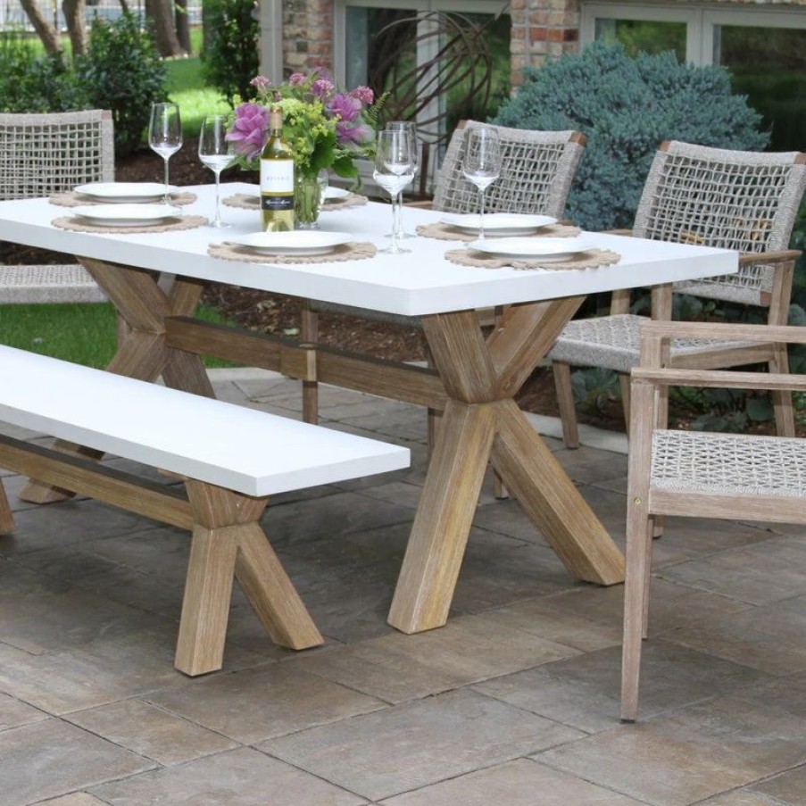 Outdoor Dining Furniture * | Outdoor Interiors 6-Piece Ivory Composite And Eucalyptus Wash Dining Set With Bench