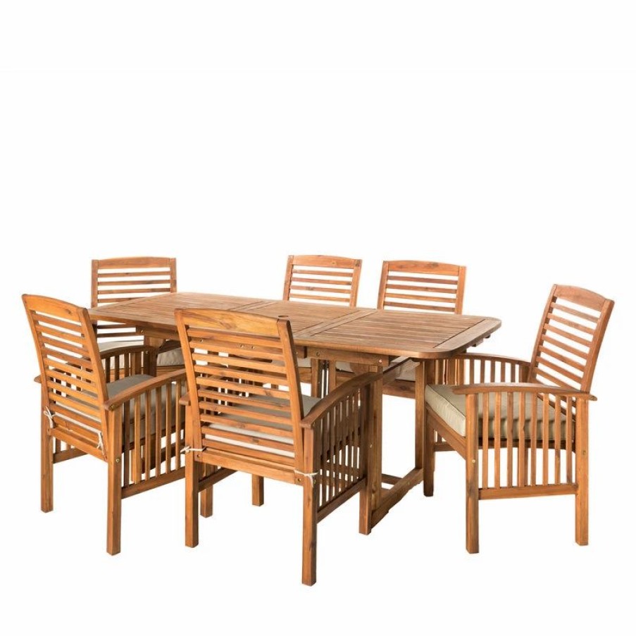 Outdoor Dining Furniture * | Walker Edison 7-Piece Acacia Patio Dining Set With Cushions, Brown