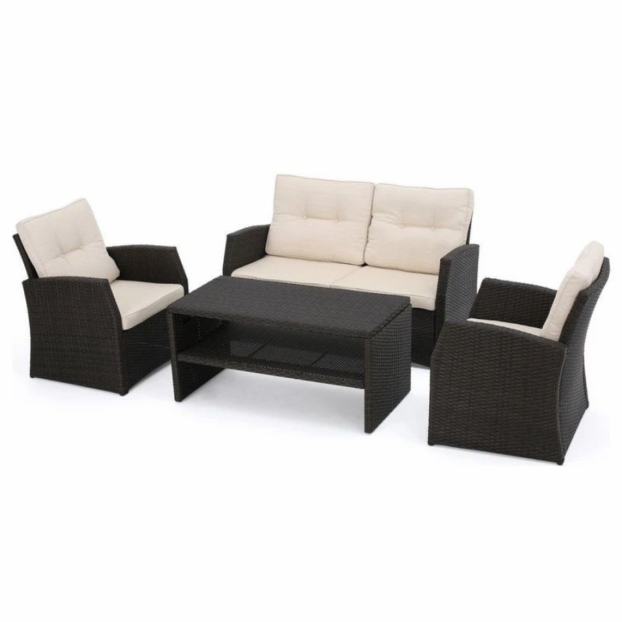 Outdoor Lounge Furniture * | Gdfstudio Gdf Studio 4-Piece Del Norte Outdoor Wicker Chat, Beige Water Resistant Set