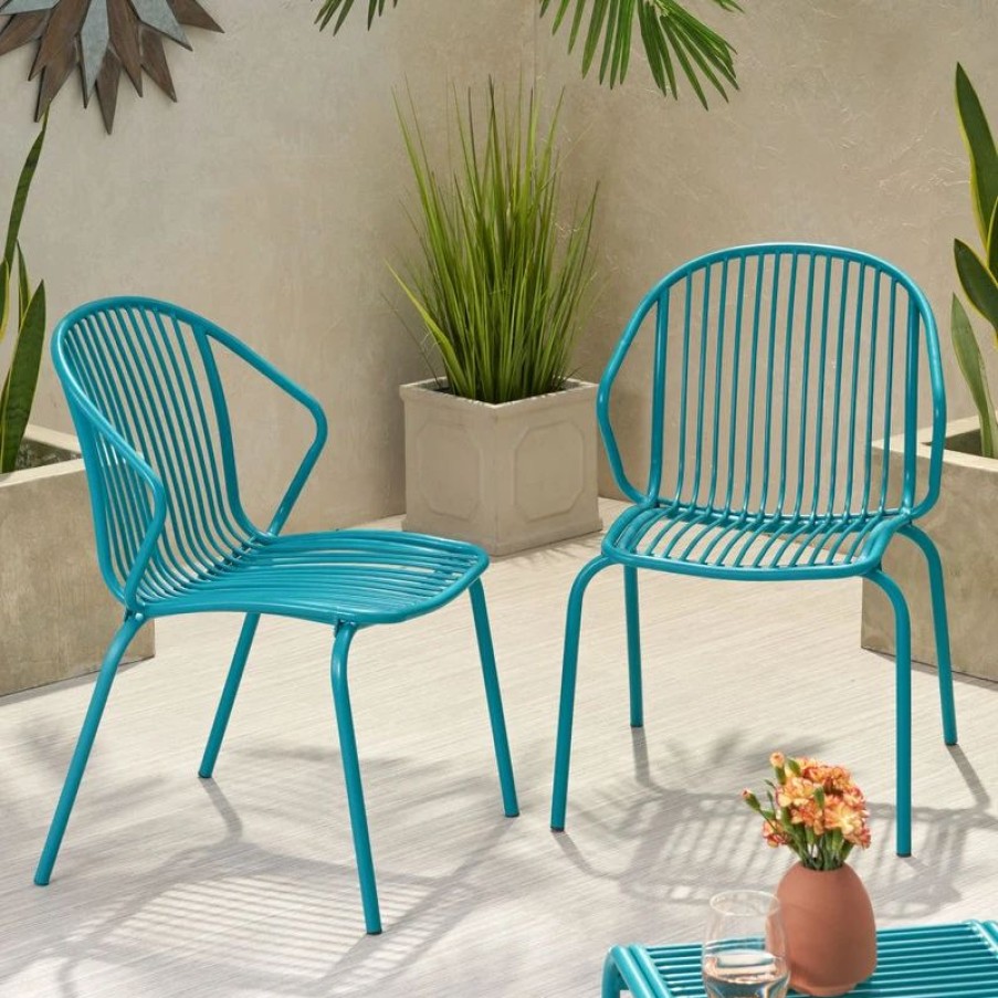 Outdoor Lounge Furniture * | Gdfstudio Emily Outdoor Modern Iron Club Chair, Set Of 2, Matte Teal