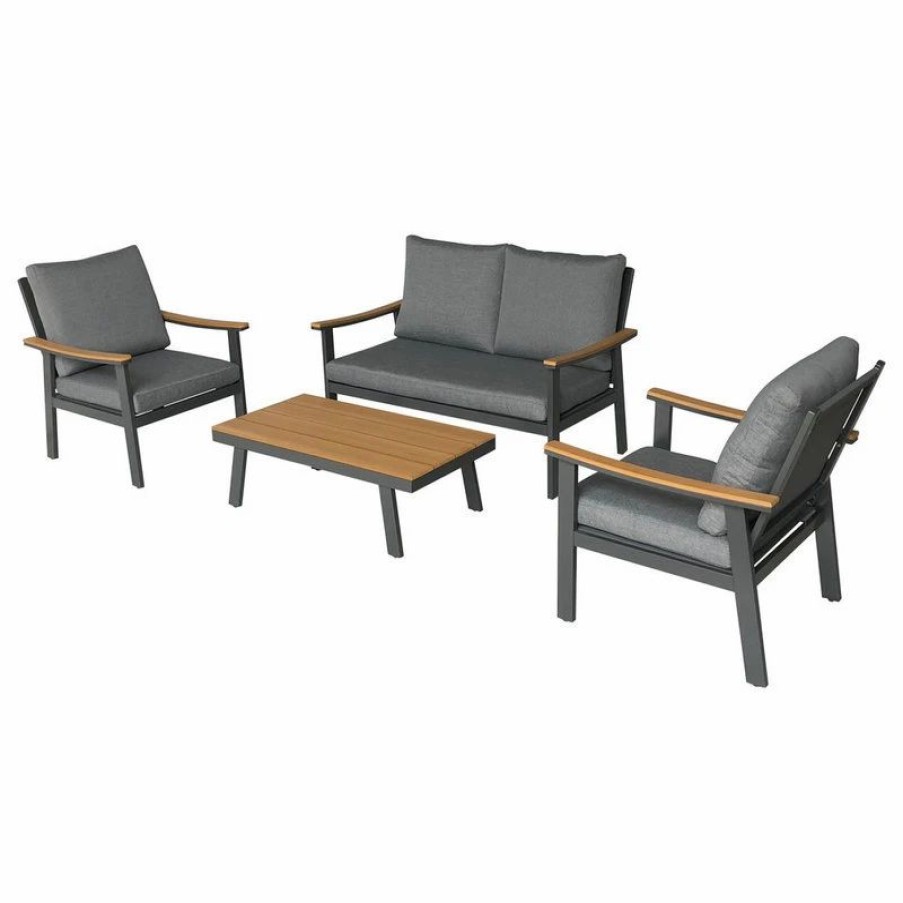 Outdoor Lounge Furniture * | Gdfstudio Agnes Outdoor 4-Piece Aluminum, Faux Wood Chat Set, Gray, Natural