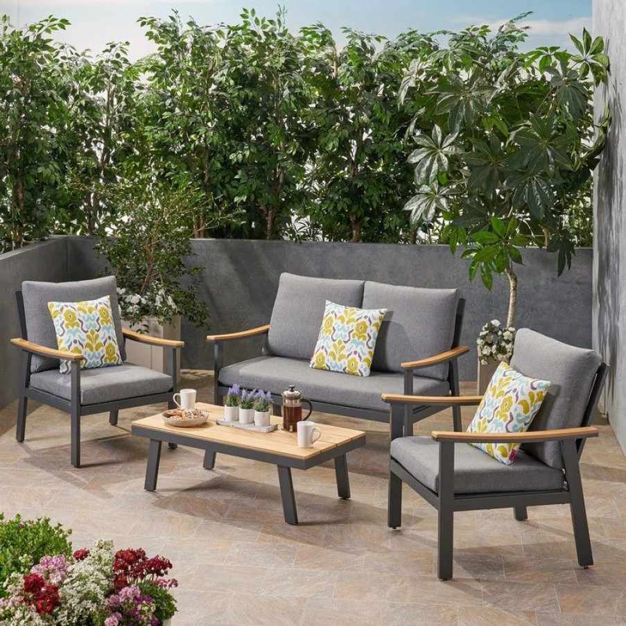 Outdoor Lounge Furniture * | Gdfstudio Agnes Outdoor 4-Piece Aluminum, Faux Wood Chat Set, Gray, Natural