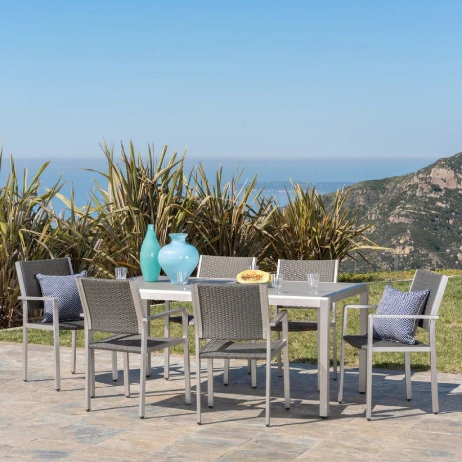 Outdoor Dining Furniture * | Gdfstudio Gdf Studio 7-Piece Coral Bay Outdoor Gray Aluminum Dining Set, Glass Table Top