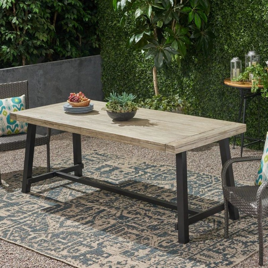 Outdoor Dining Furniture * | Gdfstudio Beau Outdoor Eight Seater Wooden Dining Table, Light Gray Finish, Black Finish