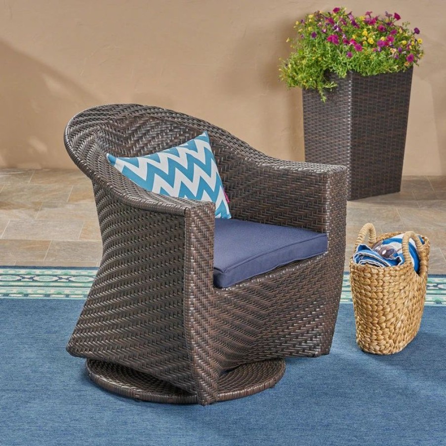 Outdoor Lounge Furniture * | Gdfstudio Gdf Studio Koch Outdoor Wicher Swivel Chair, Multi Brown/Navy