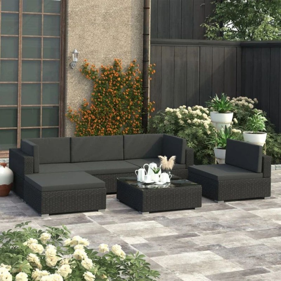 Outdoor Lounge Furniture * | Vida Xl International B.V. Vidaxl Patio Lounge Set 6 Piece With Cushions Poly Rattan Black Sofa Couch