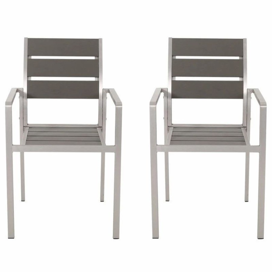 Outdoor Chairs * | Gdfstudio Elizabeth Outdoor Dining Chair With Faux Wood Seat, Set Of 2, Gray/Silver