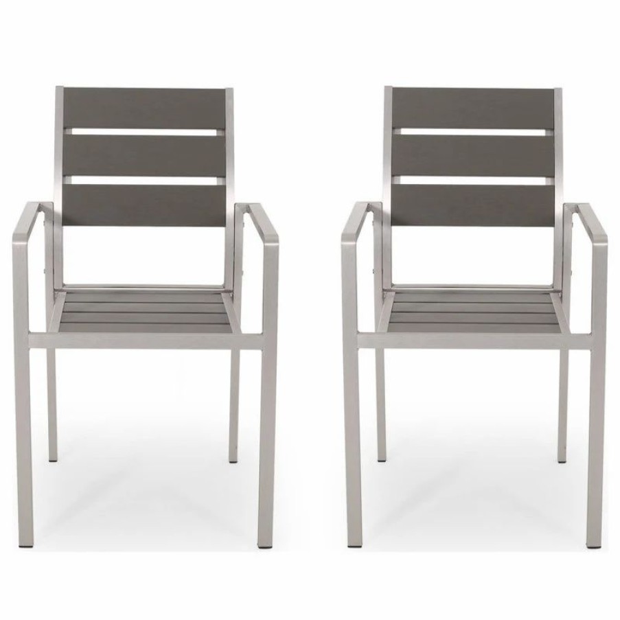 Outdoor Chairs * | Gdfstudio Elizabeth Outdoor Dining Chair With Faux Wood Seat, Set Of 2, Gray/Silver