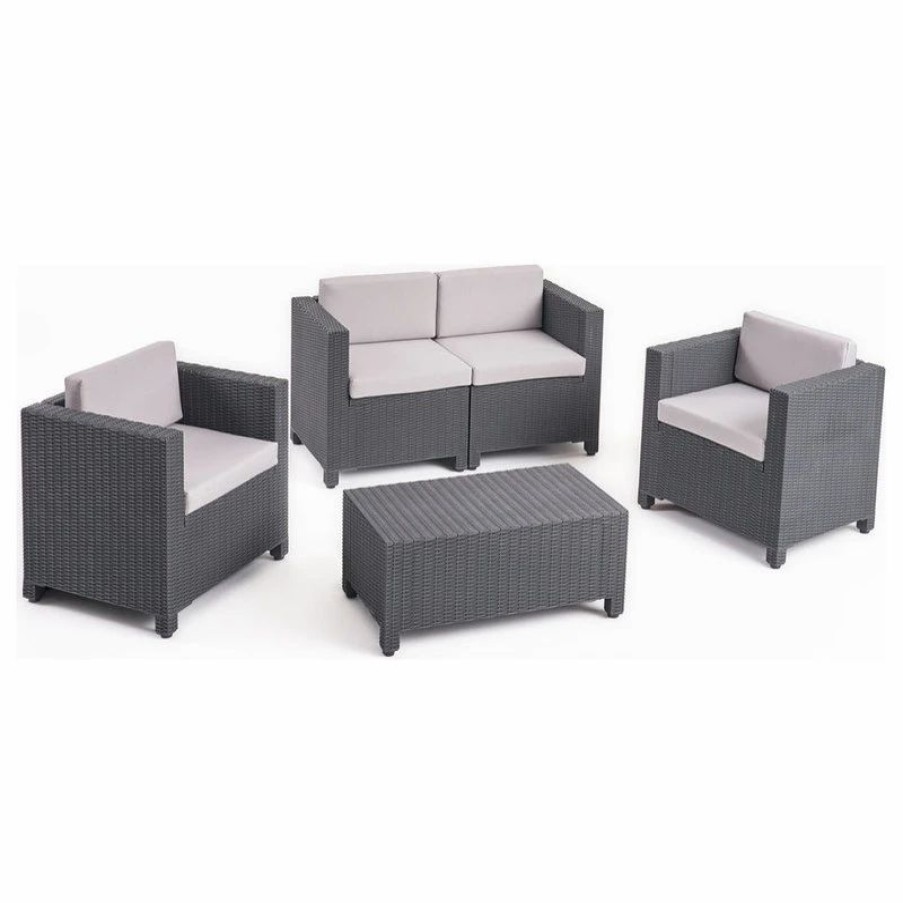 Outdoor Lounge Furniture * | Gdfstudio Riley Outdoor All Weather Faux Wicker 4 Seater Chat Set With Cushions, Dark Gray