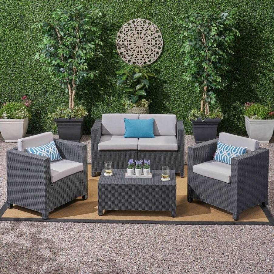 Outdoor Lounge Furniture * | Gdfstudio Riley Outdoor All Weather Faux Wicker 4 Seater Chat Set With Cushions, Dark Gray