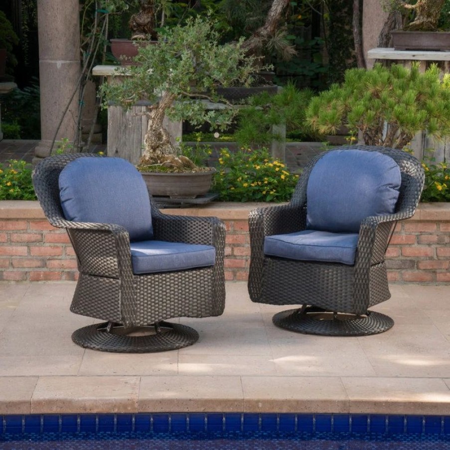 Outdoor Lounge Furniture * | Gdfstudio Gdf Studio Linsten Outdoor Wicker Swivel Club Chairs With Cushion, Set Of 2