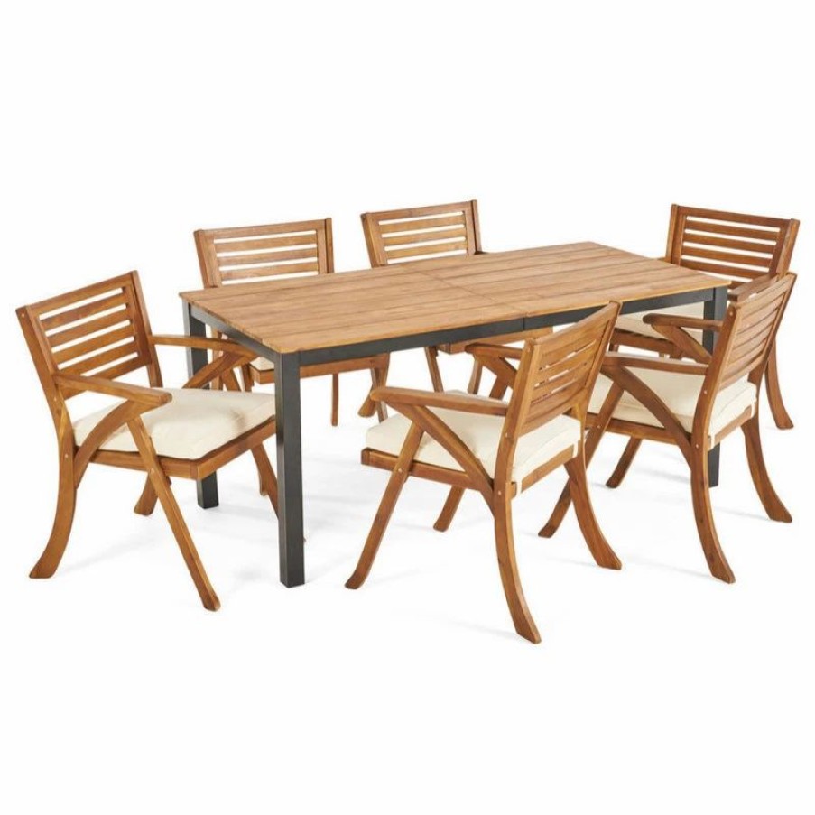 Outdoor Dining Furniture * | Gdfstudio Gdf Studio 7-Piece Nora Outdoor Acacia Wood Dining Set, Teak Finish/Black/Cream