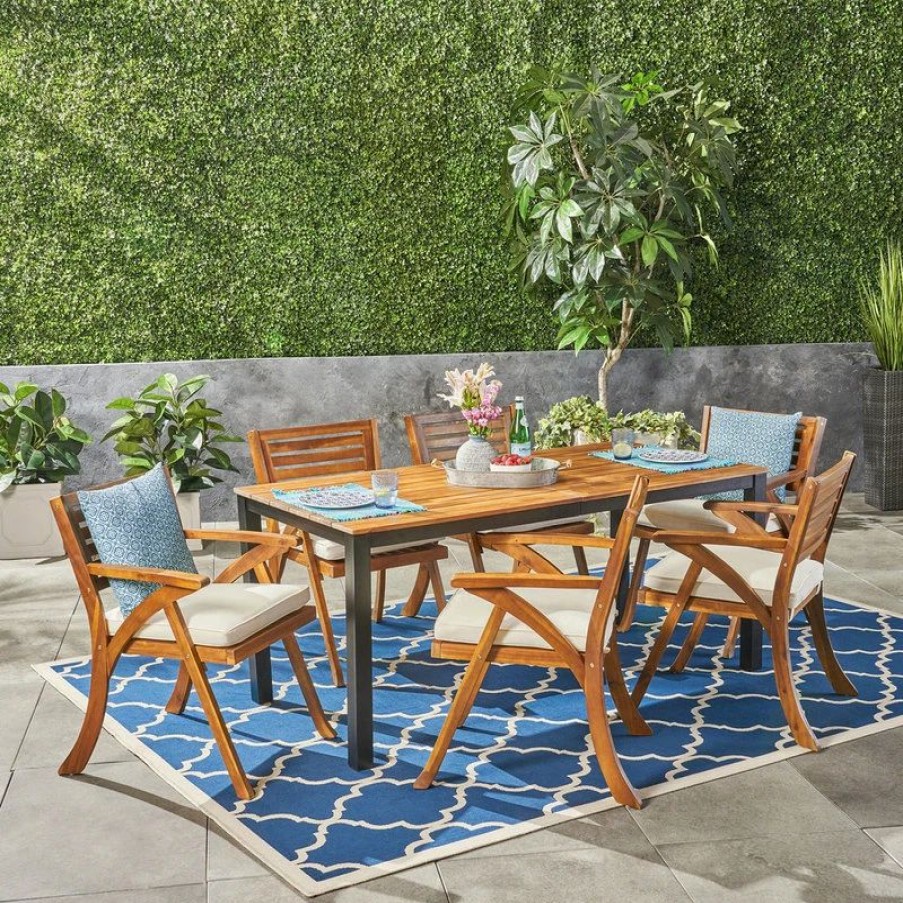 Outdoor Dining Furniture * | Gdfstudio Gdf Studio 7-Piece Nora Outdoor Acacia Wood Dining Set, Teak Finish/Black/Cream