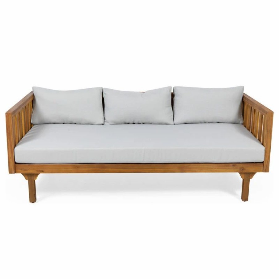 Outdoor Chairs * | Gdfstudio Bordeaux Outdoor 3 Seater Acacia Wood Daybed, Light Grey + Teak