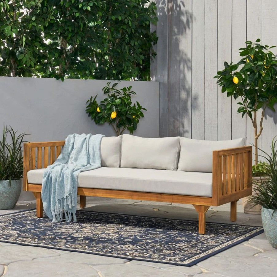 Outdoor Chairs * | Gdfstudio Bordeaux Outdoor 3 Seater Acacia Wood Daybed, Light Grey + Teak