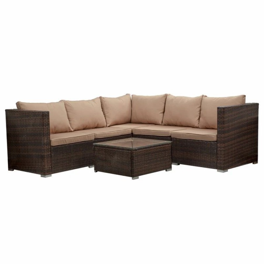 Outdoor Lounge Furniture * | Belleze Vaira 6-Piece Outdoor Conversation Set, Sectional Sofa With Table, Brown