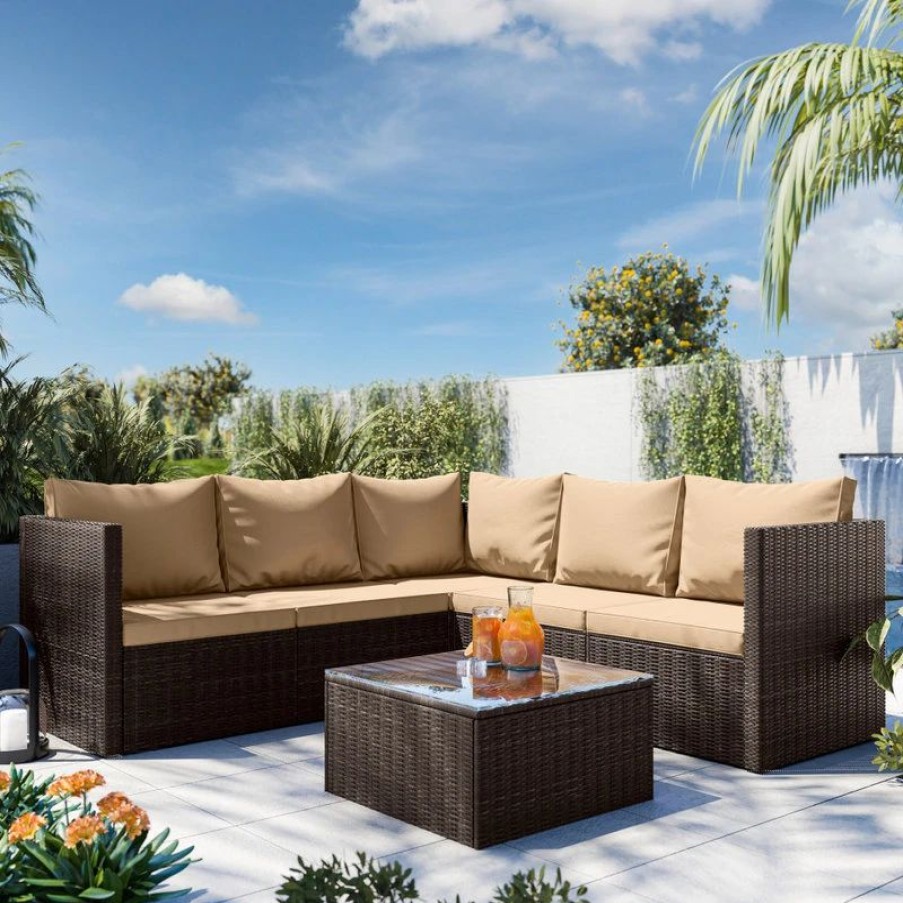 Outdoor Lounge Furniture * | Belleze Vaira 6-Piece Outdoor Conversation Set, Sectional Sofa With Table, Brown