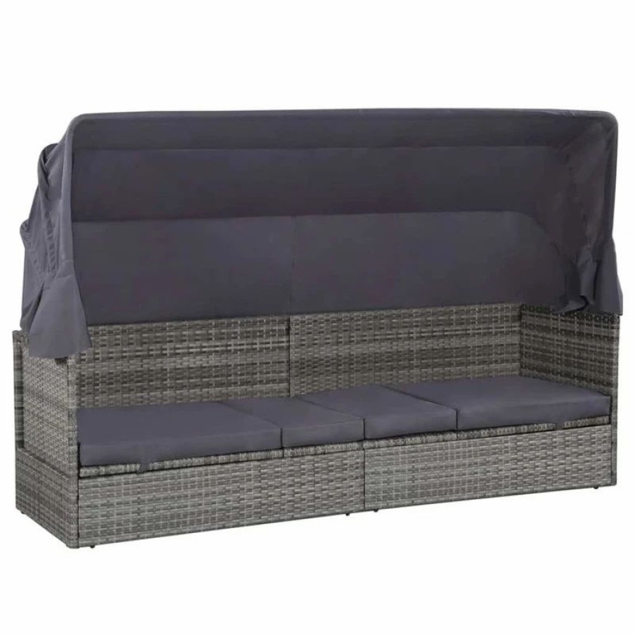 Outdoor Chairs * | Vida Xl International B.V. Vidaxl Patio Lounge Bed W/ Canopy Poly Rattan Gray 80.7 Garden Cushion Seat