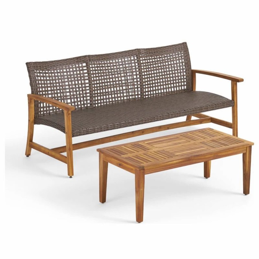 Outdoor Lounge Furniture * | Gdfstudio Beacher Belloc Outdoor Wood, Wicker Sofa, Coffee Table Set, Mixed Mocha, Natural