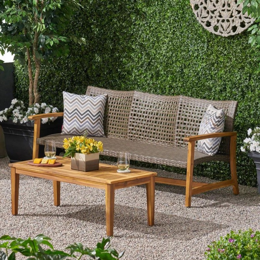 Outdoor Lounge Furniture * | Gdfstudio Beacher Belloc Outdoor Wood, Wicker Sofa, Coffee Table Set, Mixed Mocha, Natural