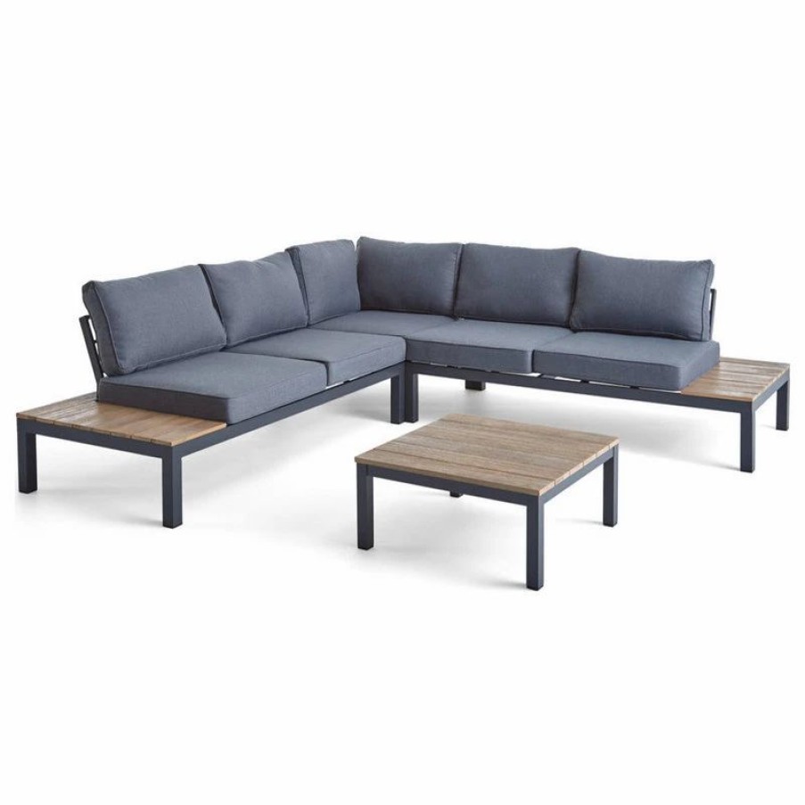 Outdoor Lounge Furniture * | Gdfstudio Gdf Studio Leo Outdoor Aluminum V-Shaped Faux Wood Sectional Sofa Set, Gray/Ligh