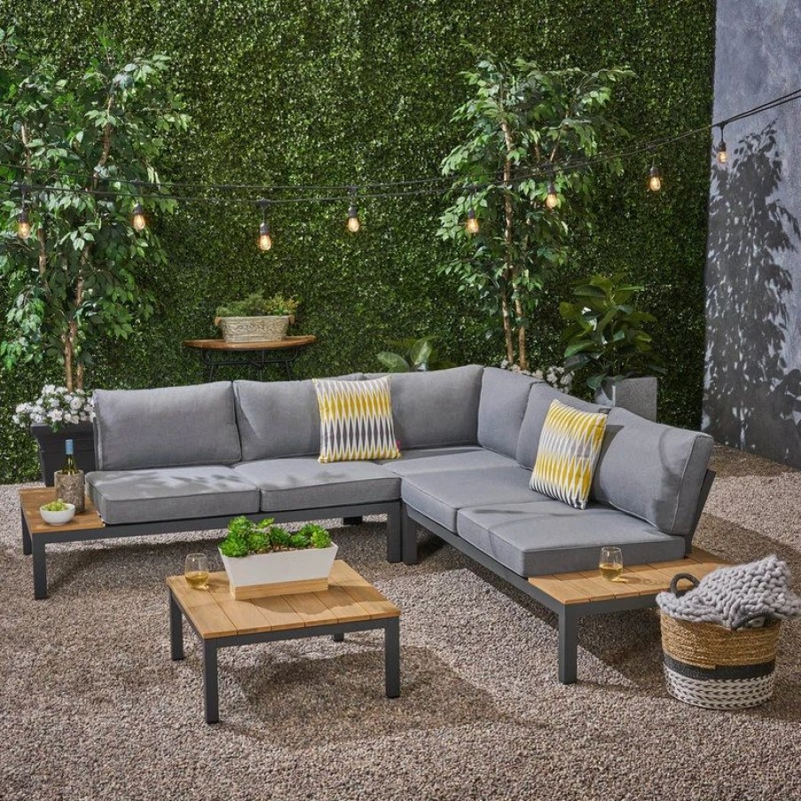 Outdoor Lounge Furniture * | Gdfstudio Gdf Studio Leo Outdoor Aluminum V-Shaped Faux Wood Sectional Sofa Set, Gray/Ligh