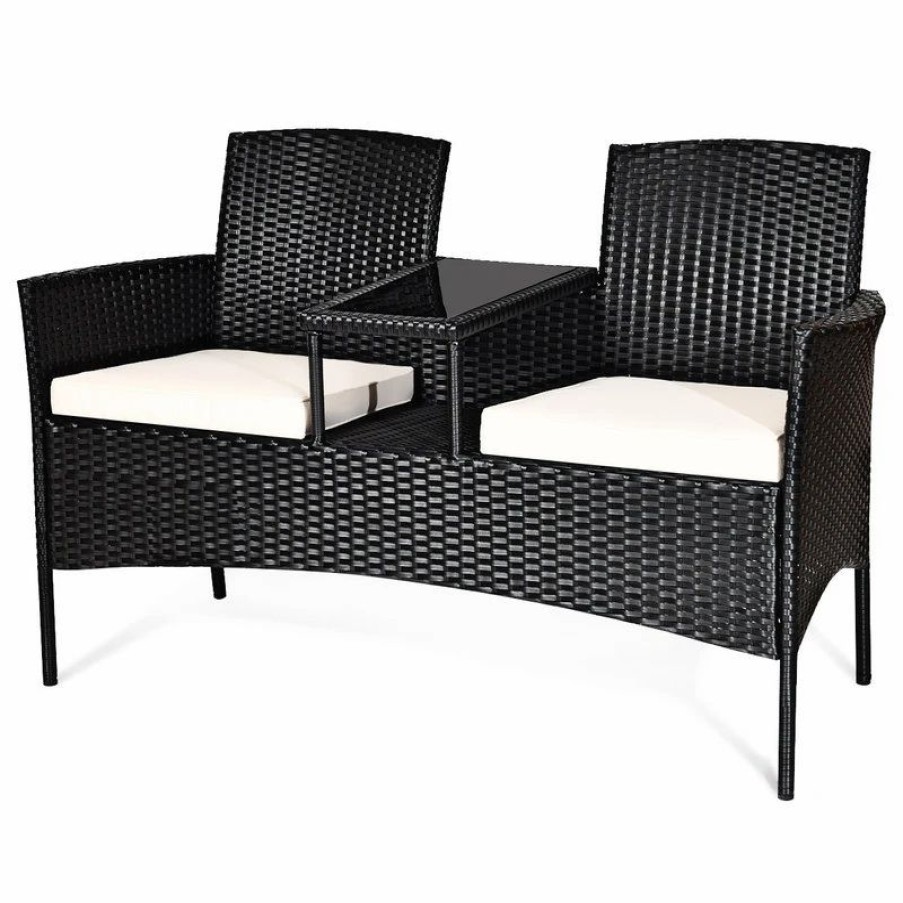 Outdoor Lounge Furniture * | Costway Patio Rattan Loveseat Table Chairs Chat Set Sofa Conversation Cushioned