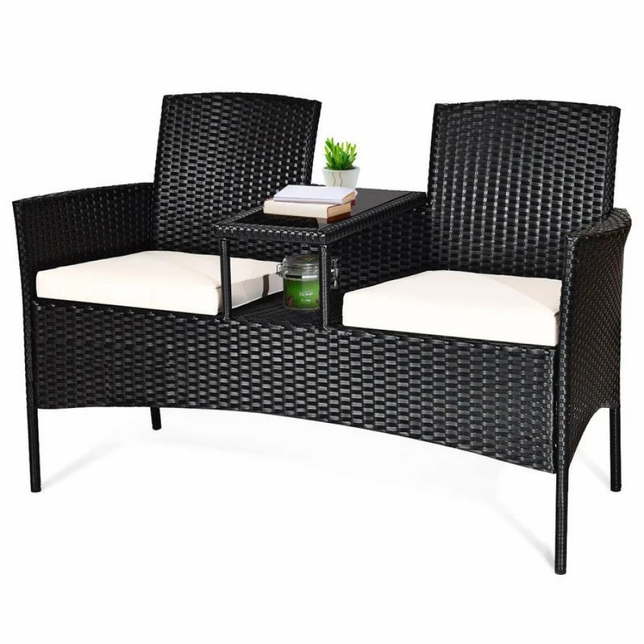 Outdoor Lounge Furniture * | Costway Patio Rattan Loveseat Table Chairs Chat Set Sofa Conversation Cushioned