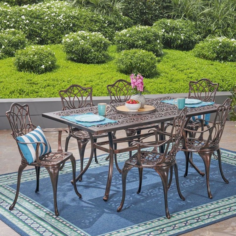 Outdoor Dining Furniture * | Gdfstudio Gdf Studio Barbara Outdoor 6-Seater Cast Aluminum Rectangular-Table Dining Set