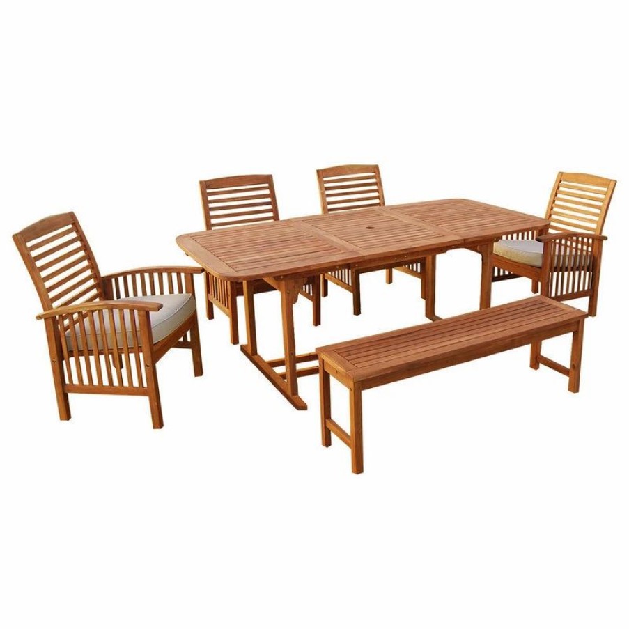 Outdoor Dining Furniture * | Walker Edison 6-Piece Acacia Wood Outdoor Patio Dining Set With Cushions Brown