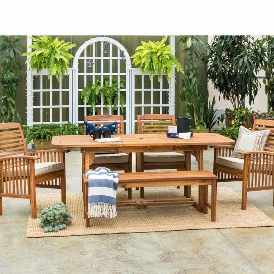 Outdoor Dining Furniture * | Walker Edison 6-Piece Acacia Wood Outdoor Patio Dining Set With Cushions Brown