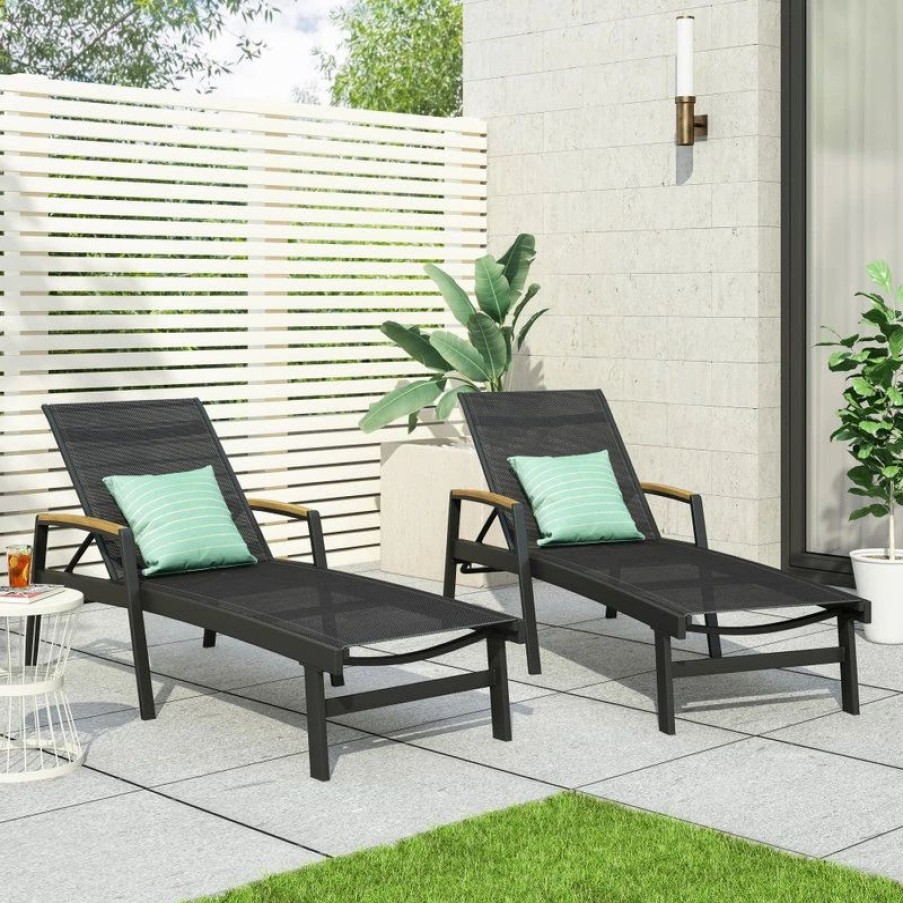 Outdoor Chairs * | Gdfstudio Gdf Studio Joy Outdoor Mesh And Aluminum Chaise Lounge, Set Of 2, Black