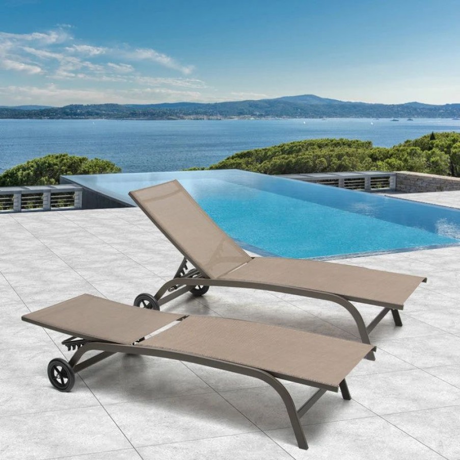 Outdoor Chairs * | Crestlive Products Adjustable Chaise Lounge Chair Outdoor Recliner With Wheels (Set Of 2), Brown