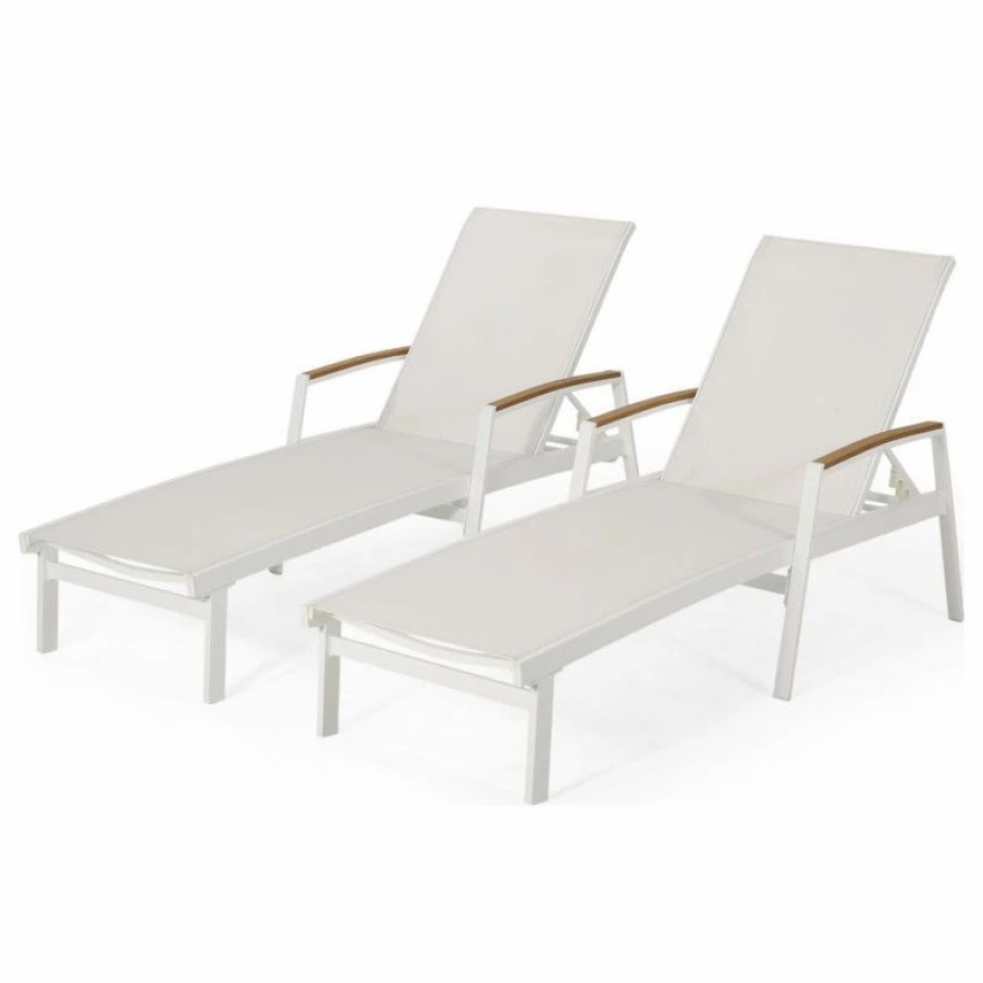 Outdoor Chairs * | Gdfstudio Gdf Studio Joy Outdoor Mesh And Aluminum Chaise Lounge, Set Of 2, White