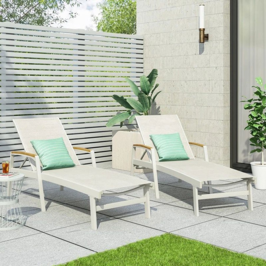 Outdoor Chairs * | Gdfstudio Gdf Studio Joy Outdoor Mesh And Aluminum Chaise Lounge, Set Of 2, White