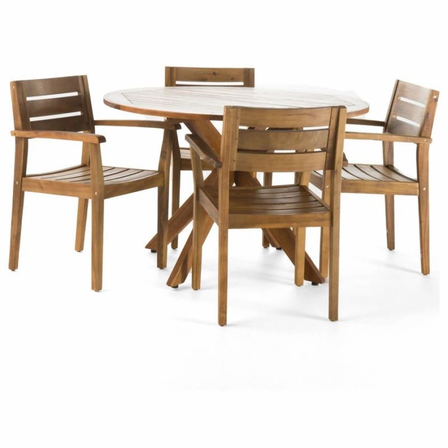 Outdoor Dining Furniture * | Gdfstudio Gdf Studio 5-Piece Stanford Outdoor Acacia Wood Dining Set, Teak