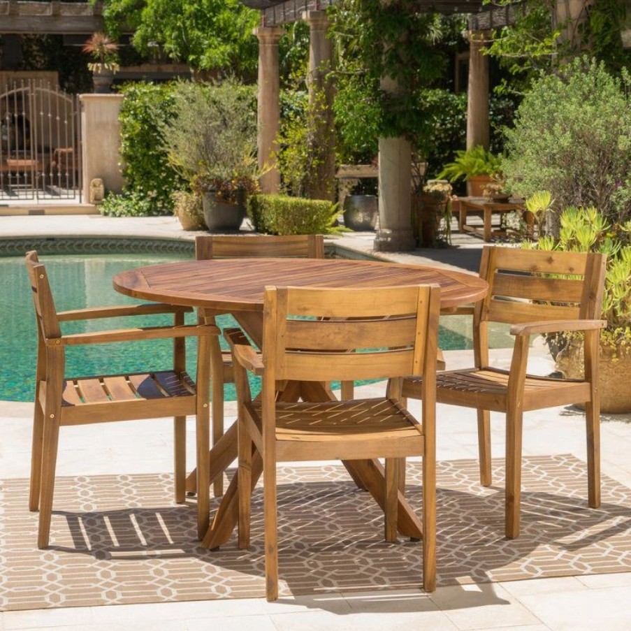 Outdoor Dining Furniture * | Gdfstudio Gdf Studio 5-Piece Stanford Outdoor Acacia Wood Dining Set, Teak