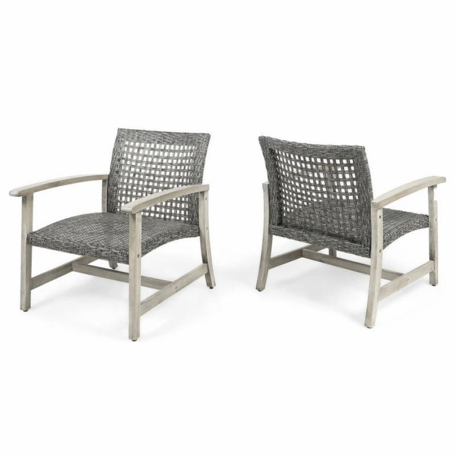 Outdoor Lounge Furniture * | Gdfstudio Viola Outdoor Wood And Wicker Club Chairs (), Gray Finish/Mixed Black, Set Of 2