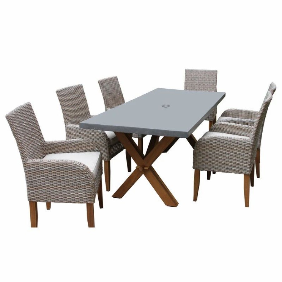 Outdoor Dining Furniture * | Outdoor Interiors 7-Piece Teak And Ash Gray Wicker Dining Set With Composite Top And Trestle Base