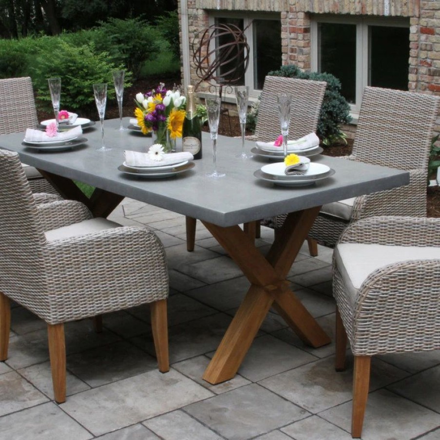 Outdoor Dining Furniture * | Outdoor Interiors 7-Piece Teak And Ash Gray Wicker Dining Set With Composite Top And Trestle Base