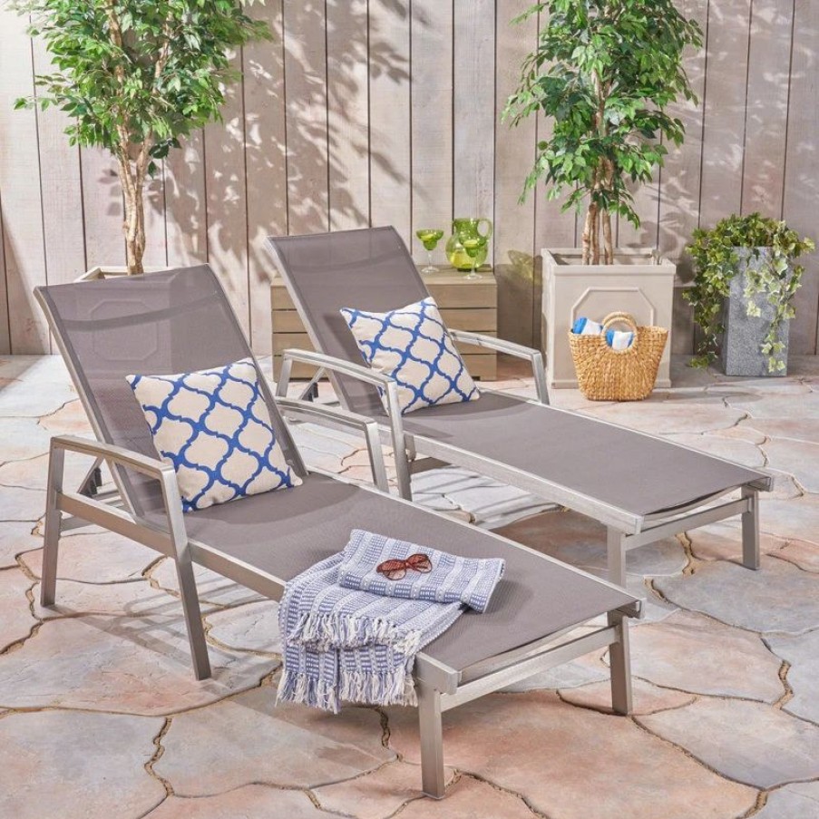 Outdoor Chairs * | Gdfstudio Gdf Studio Joy Outdoor Mesh And Aluminum Chaise Lounge, Set Of 2, Gray