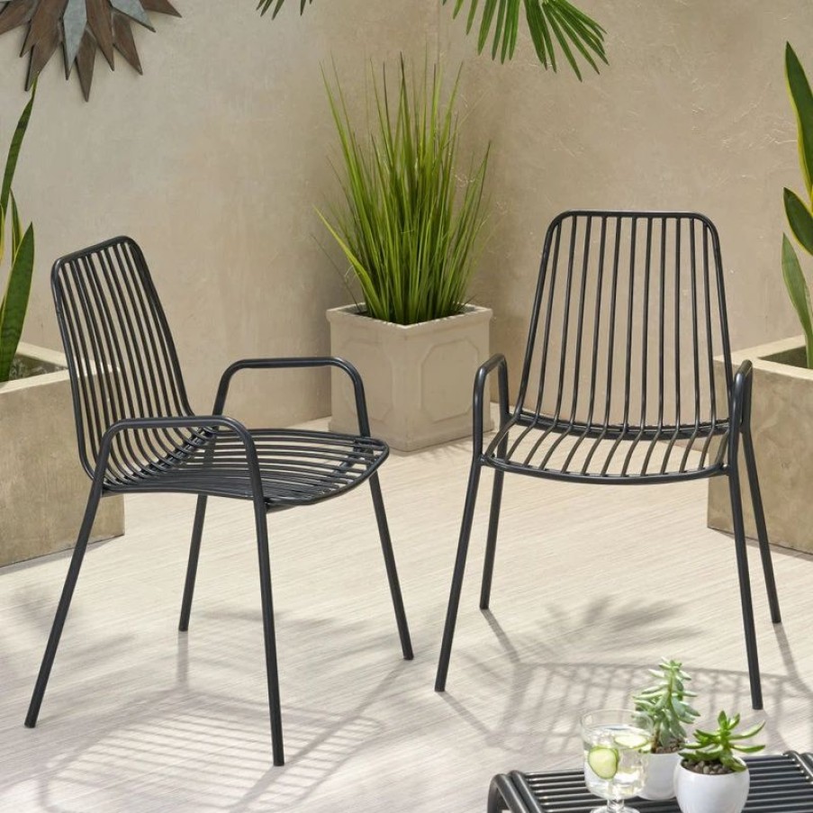 Outdoor Lounge Furniture * | Gdfstudio Ashley Outdoor Modern Iron Club Chair, Set Of 2, Matte Black