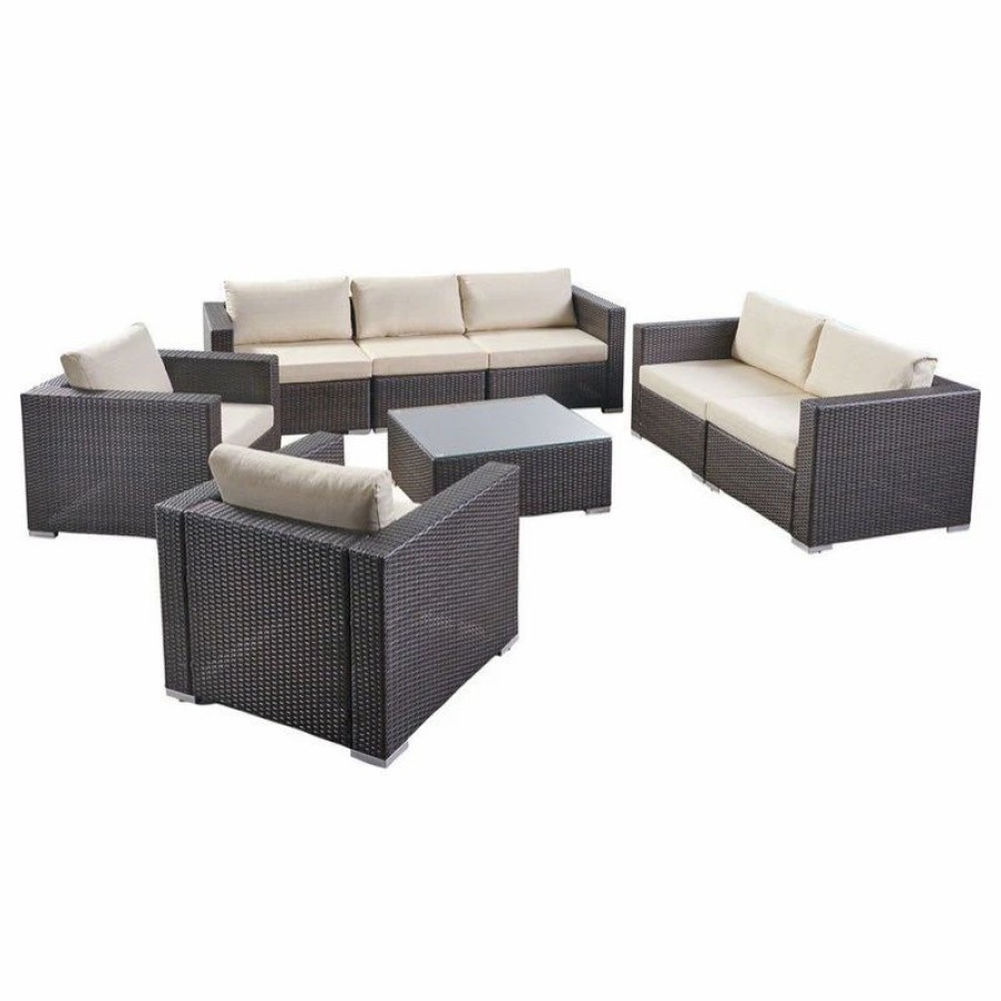 Outdoor Lounge Furniture * | Gdfstudio Gdf Studio Samuel Outdoor 7 Seater Wicker Sofa Chat Set With Cushions, Multibrow